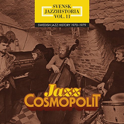 Sepia-toned photo of a jazz band playing in a brick cellar with yellow text.