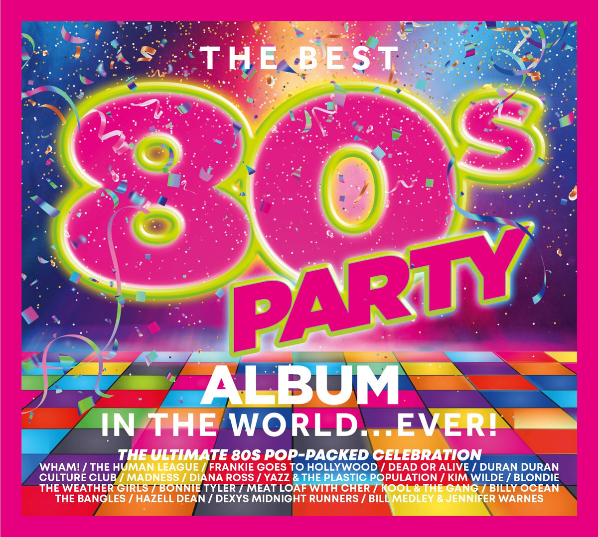 CD cover for “The Best 80s Party Album” with neon pink and blue graphics.
