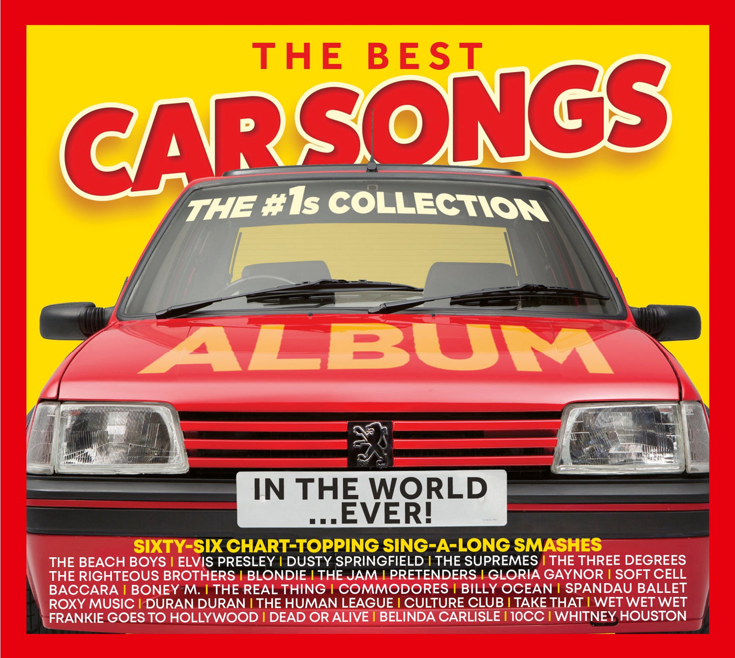 CD cover featuring a red Peugeot 205 with bold text: "The Best Car Songs...EVER!".