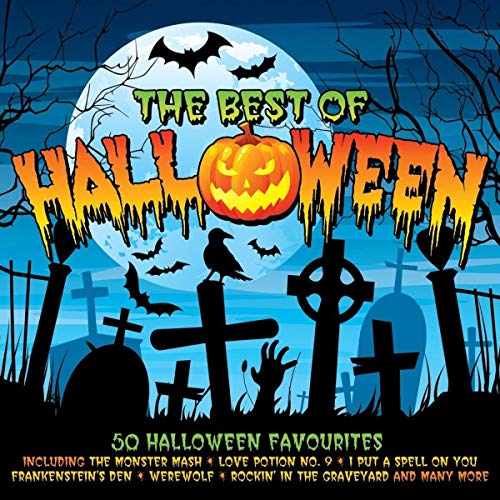 Halloween CD cover with a pumpkin, bats, graveyard, and spooky lettering.
