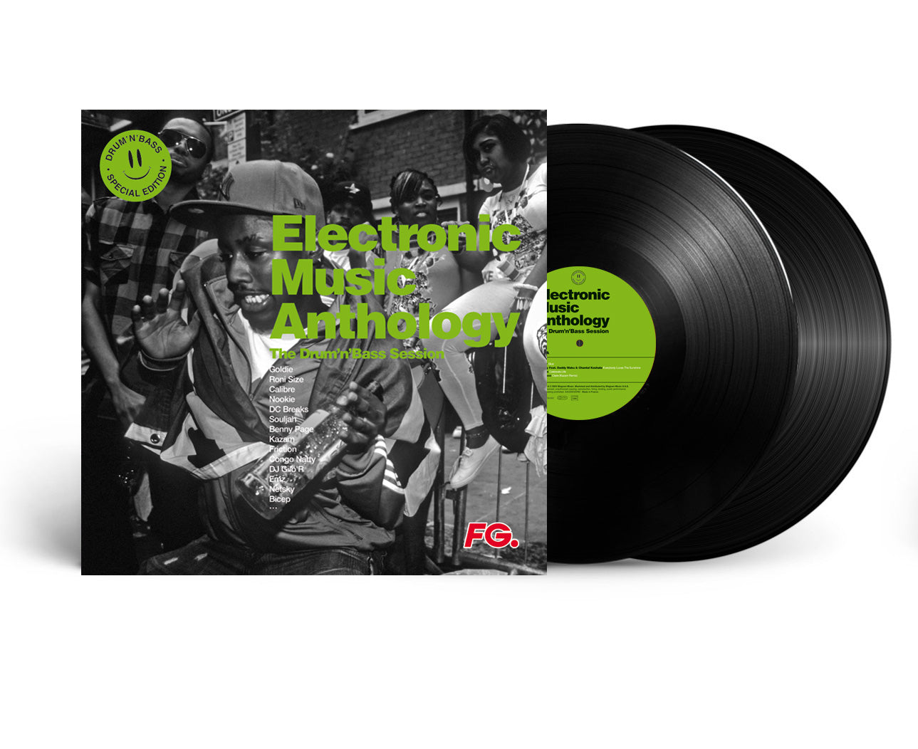 Two vinyl records with a black and white photo of a crowd.
