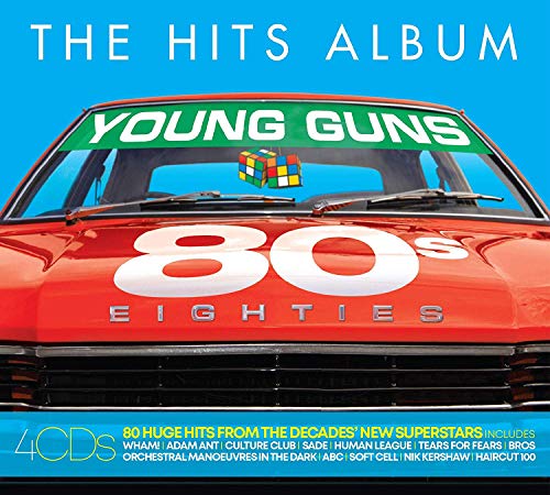 The Hits Album cover featuring a red car, 80s text, and a Rubik's cube.