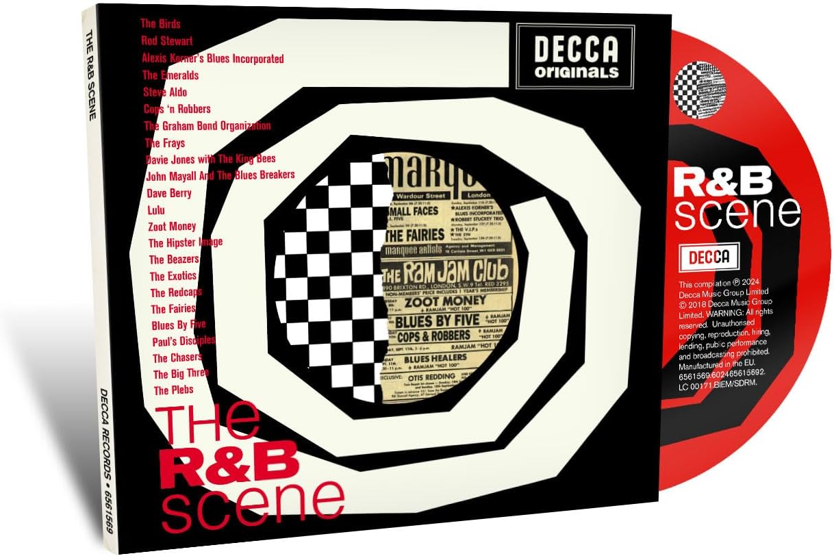 CD case for "The R&B Scene" with black and white spiral design.
