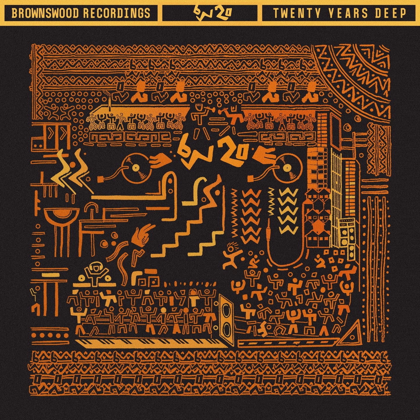 Orange tribal-style line art on a black background depicting people dancing and musical equipment.