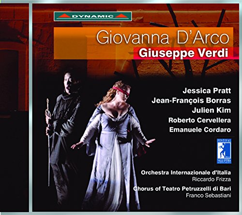 CD cover for Verdi's Giovanna D'Arco featuring two opera singers on a dark stage.