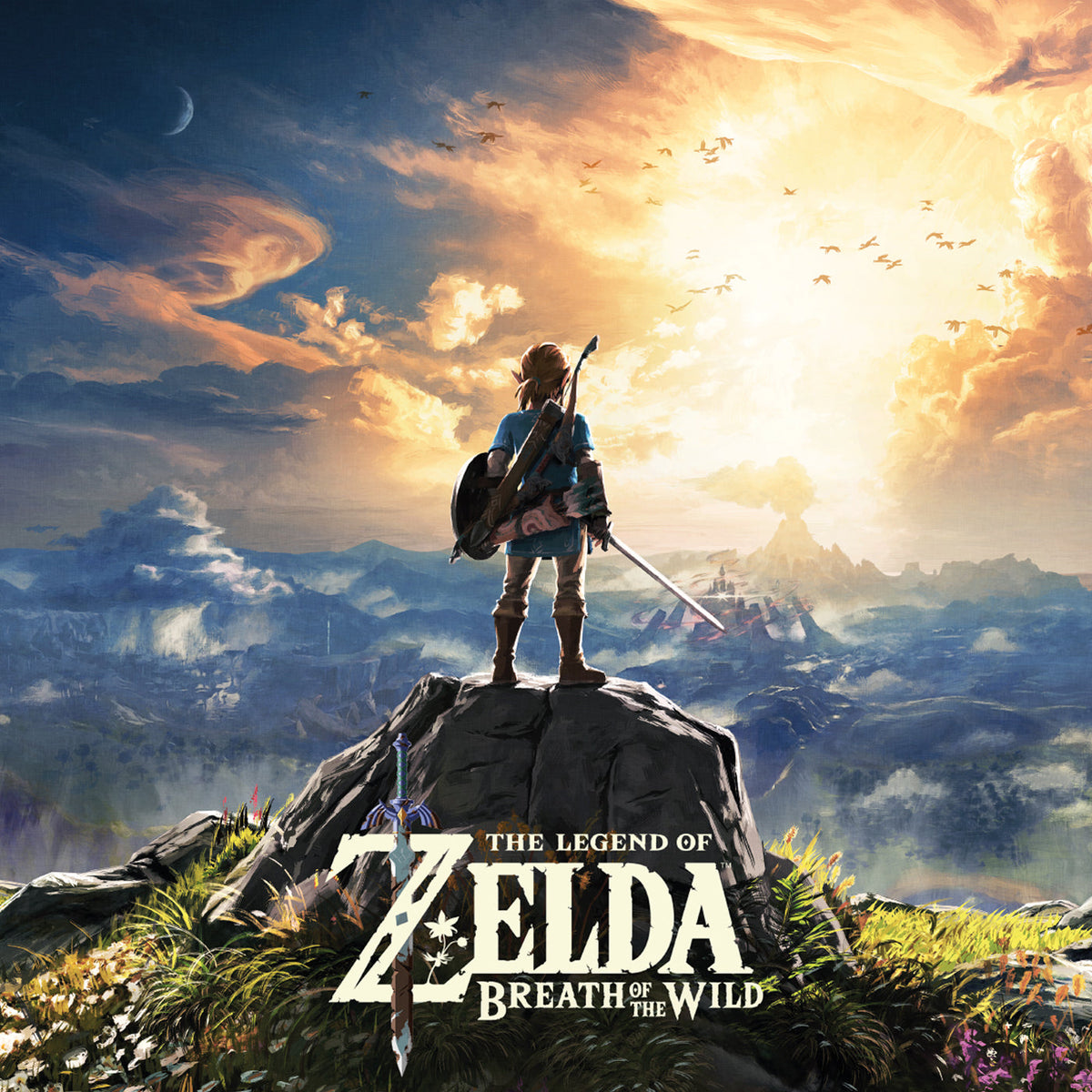 Link stands on a mountaintop overlooking a vast, colorful landscape.