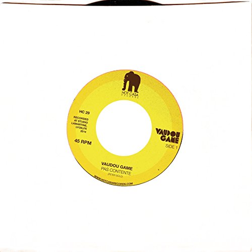 Yellow vinyl record label with black text: "Vaudou Game - Pas Contente".