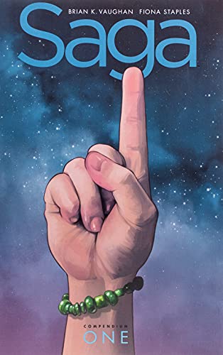 Cover of Saga Compendium One, featuring a hand pointing to space.