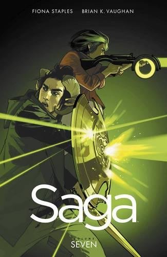 "Saga Volume 7" comic book cover featuring two characters in a green-tinted space battle scene.