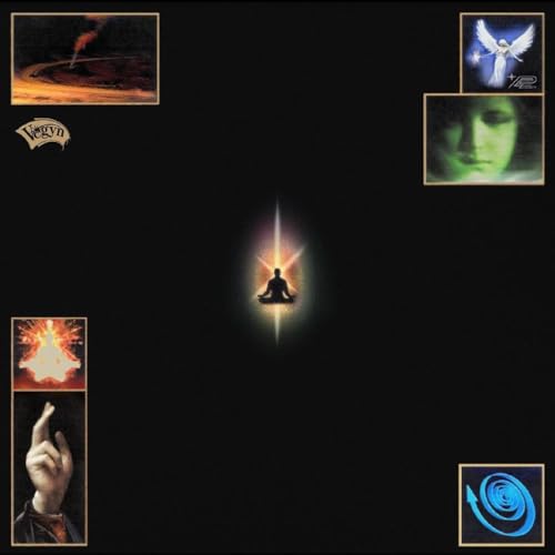 Black album cover with central meditating figure and surrounding framed images.