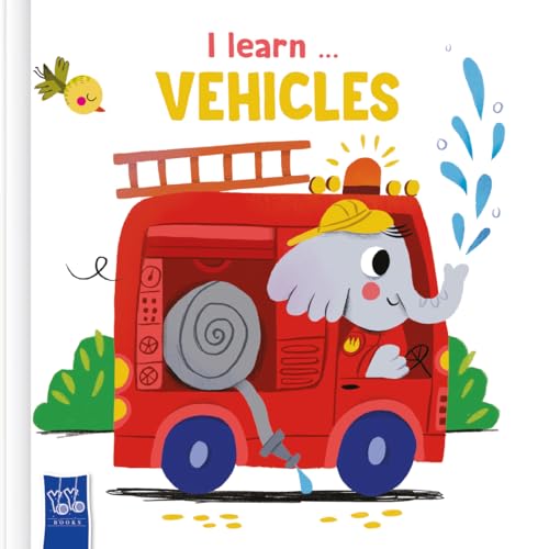 Children's book cover featuring an elephant driving a red fire engine.