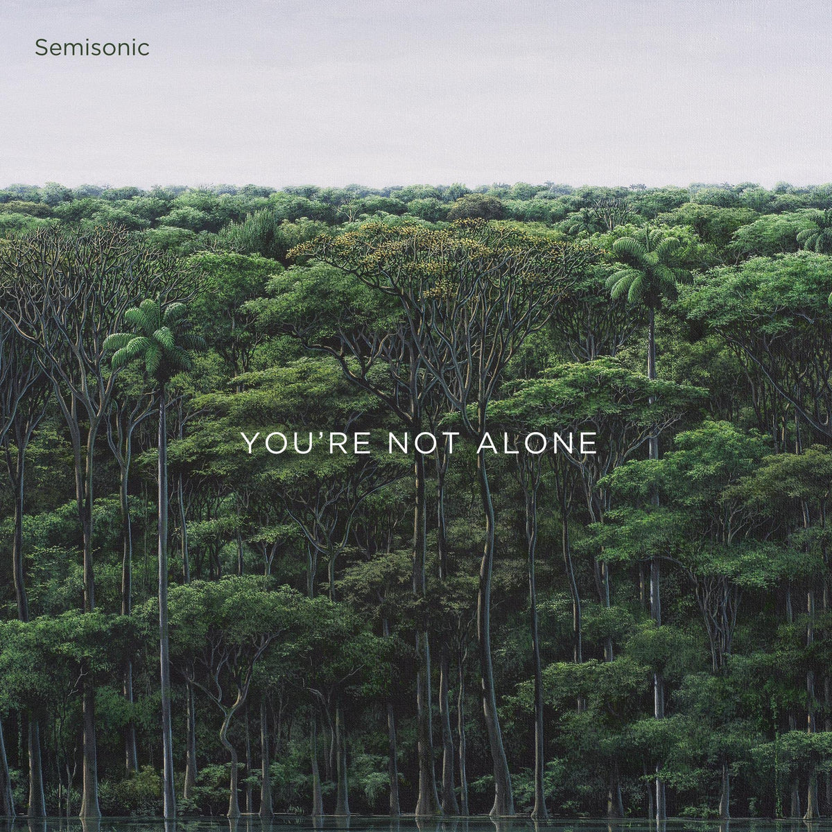 Dense green forest canopy with text “YOU’RE NOT ALONE” centered.