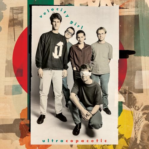 Velocity Girl album cover, five people posing against a colorful, abstract background.