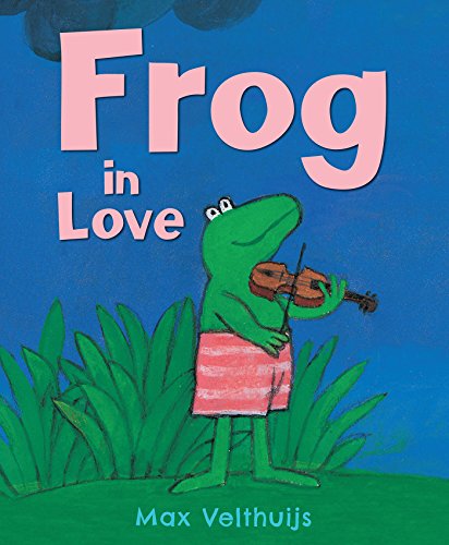 A green frog in striped shorts plays a violin against a blue background.