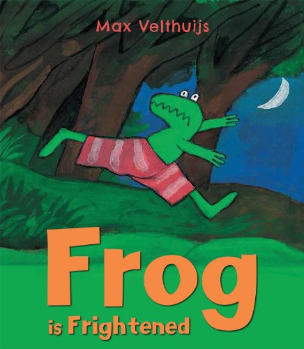 Green frog in striped shorts runs from a tree under a crescent moon.