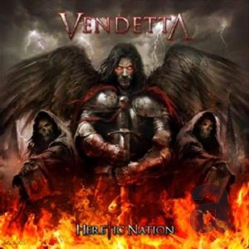 CD cover: winged figure in armor with two hooded figures, fiery background.