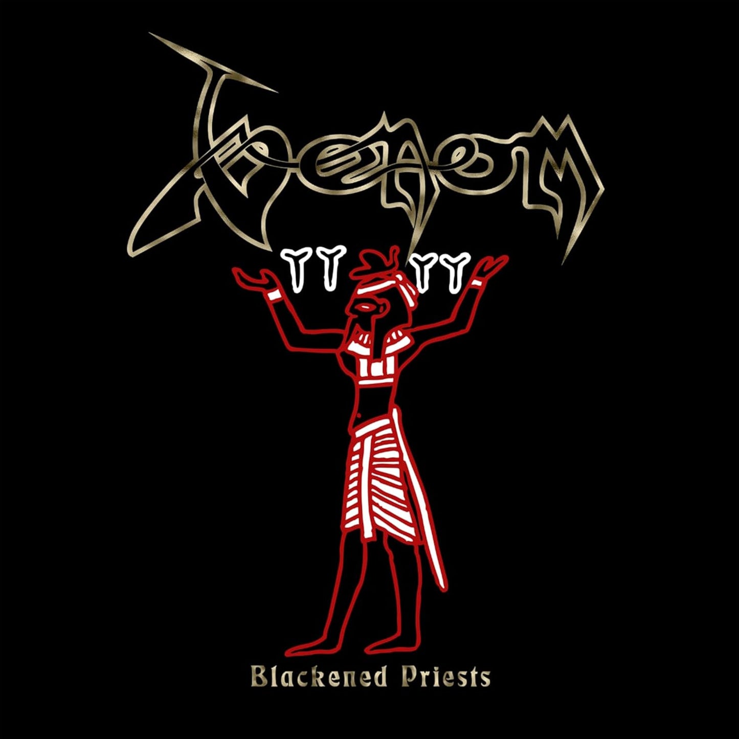 Venom logo above a red and white Egyptian-style figure on a black background.