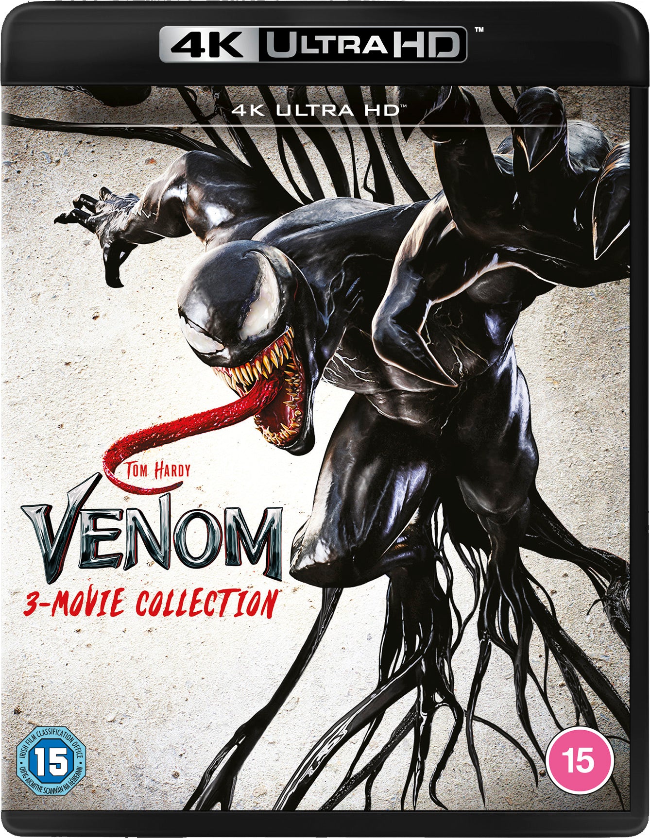 4K UHD Blu-ray cover featuring Venom, a black alien symbiote with a red tongue.