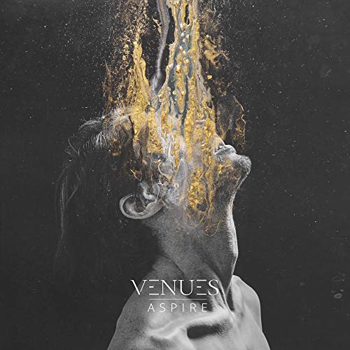 A person with head tilted back, gold liquid splashing upward, dark background.