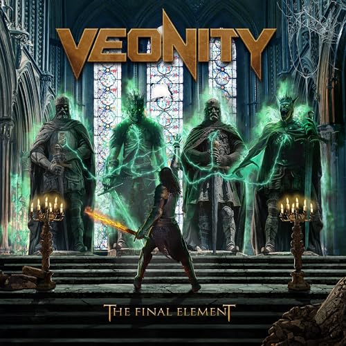 Veonity album cover: fantasy figures in a gothic cathedral setting.