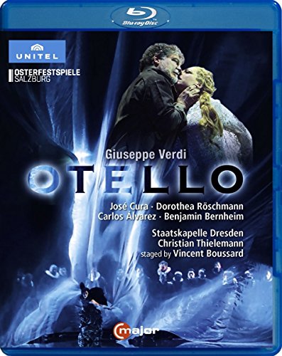Blu-ray cover for Verdi's Otello featuring two opera singers in a blue-lit stage scene.