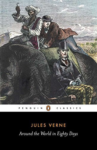 Vintage book cover depicting three figures on an elephant, “Around the World.”