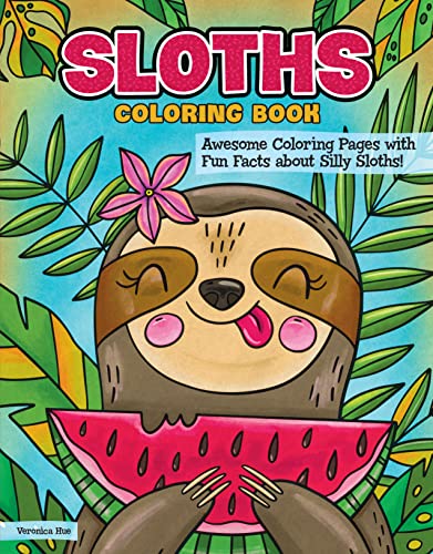 Cartoon sloth with watermelon on a coloring book cover with tropical foliage.