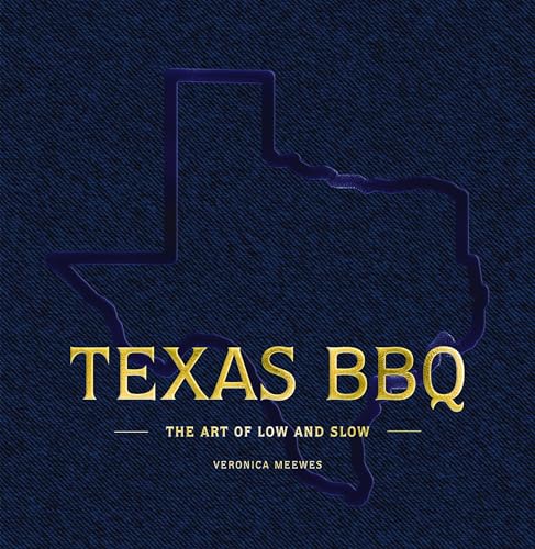 Book cover: Texas BBQ title over textured blue and gold map.