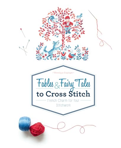 Book cover with cross-stitch designs of fairytale scenes and tools.