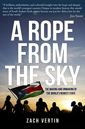 Book cover: "A Rope from the Sky" with South Sudan’s flag and silhouetted figures.