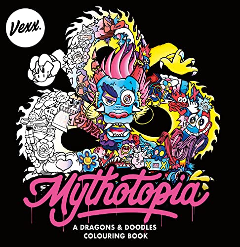 Intricate dragon illustration with “Mythotopia” title, a colouring book cover.