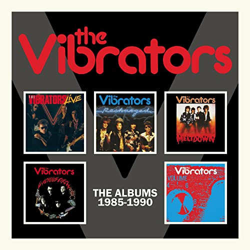 CD cover art featuring The Vibrators logo and five individual album covers from 1985-1990.