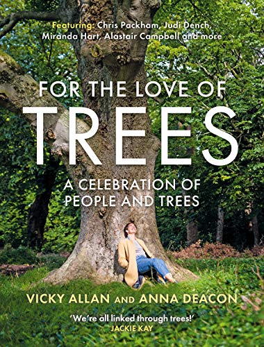 Book cover: "For the Love of Trees" with a person relaxing by a tree.
