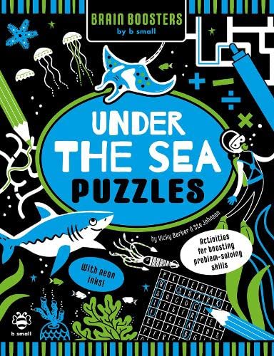 Blue puzzle book cover with sea creatures, mazes, and a diver.