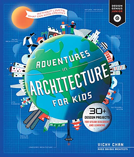 Book cover: "Adventures in Architecture for Kids" with illustrated globe.