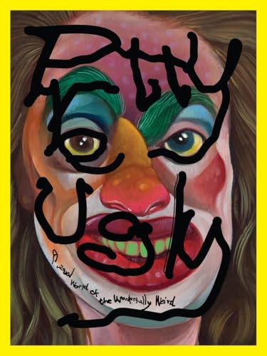 A painting of a distorted clown face with bold black text overlaid on top.