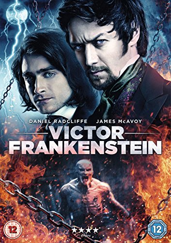 DVD cover for "Victor Frankenstein" featuring Daniel Radcliffe and James McAvoy.