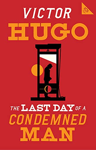 Book cover with a red background, a guillotine silhouette, and boldL Victor Hugo's name.
