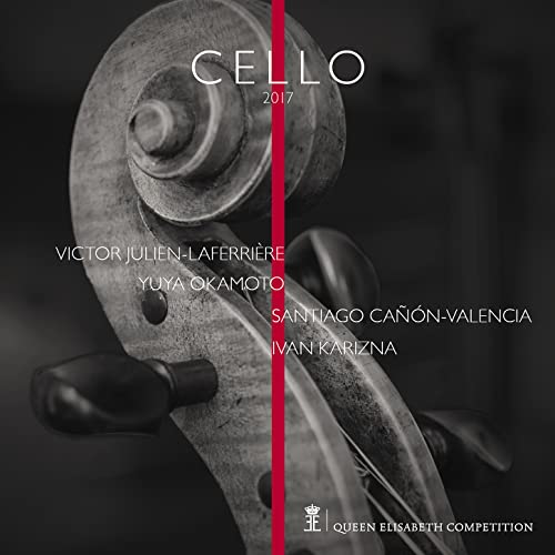 Cello scroll detail with text: Victor Julien-Laferrière, Yuya Okamoto, 2017.