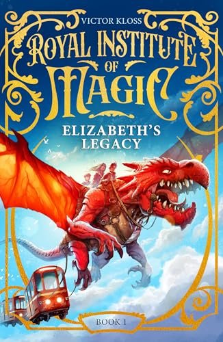 A red dragon flies through the sky carrying people and a train carriage.