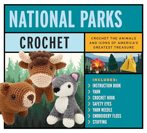 Crochet kit featuring bison, bear, wolf, campfire, tree, and tent patterns.