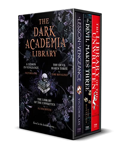 Three dark academia novels with skull imagery, stacked in a box set.
