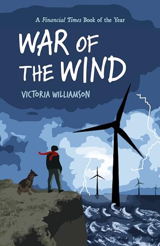 A person and a dog stand on a cliff overlooking wind turbines during lightning.