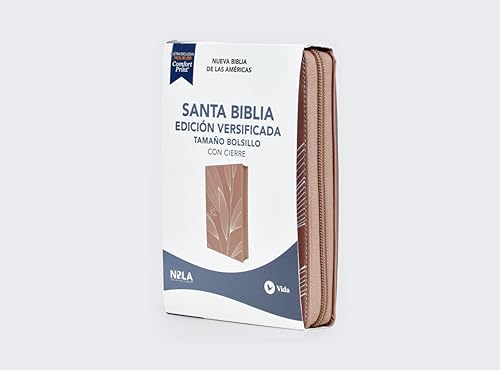 Pink leather-look Bible with a zipper, titled “Santa Biblia” in Spanish.
