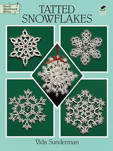 Book cover featuring four white, intricate tatting snowflake designs on green.