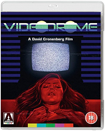 Blu-ray cover for Videodrome featuring a woman below a television screen showing static.