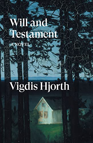 Book cover showing a small house viewed through dark, silhouetted pine trees at dusk.