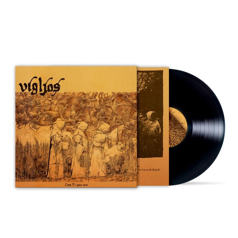 Vinyl record and cover with detailed, vintage-style illustration of figures.