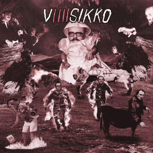 Surreal album cover with figures, flames, and a large central person.
