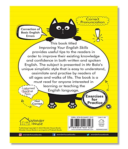 Yellow book cover with cartoon cat and text about English language improvement book.